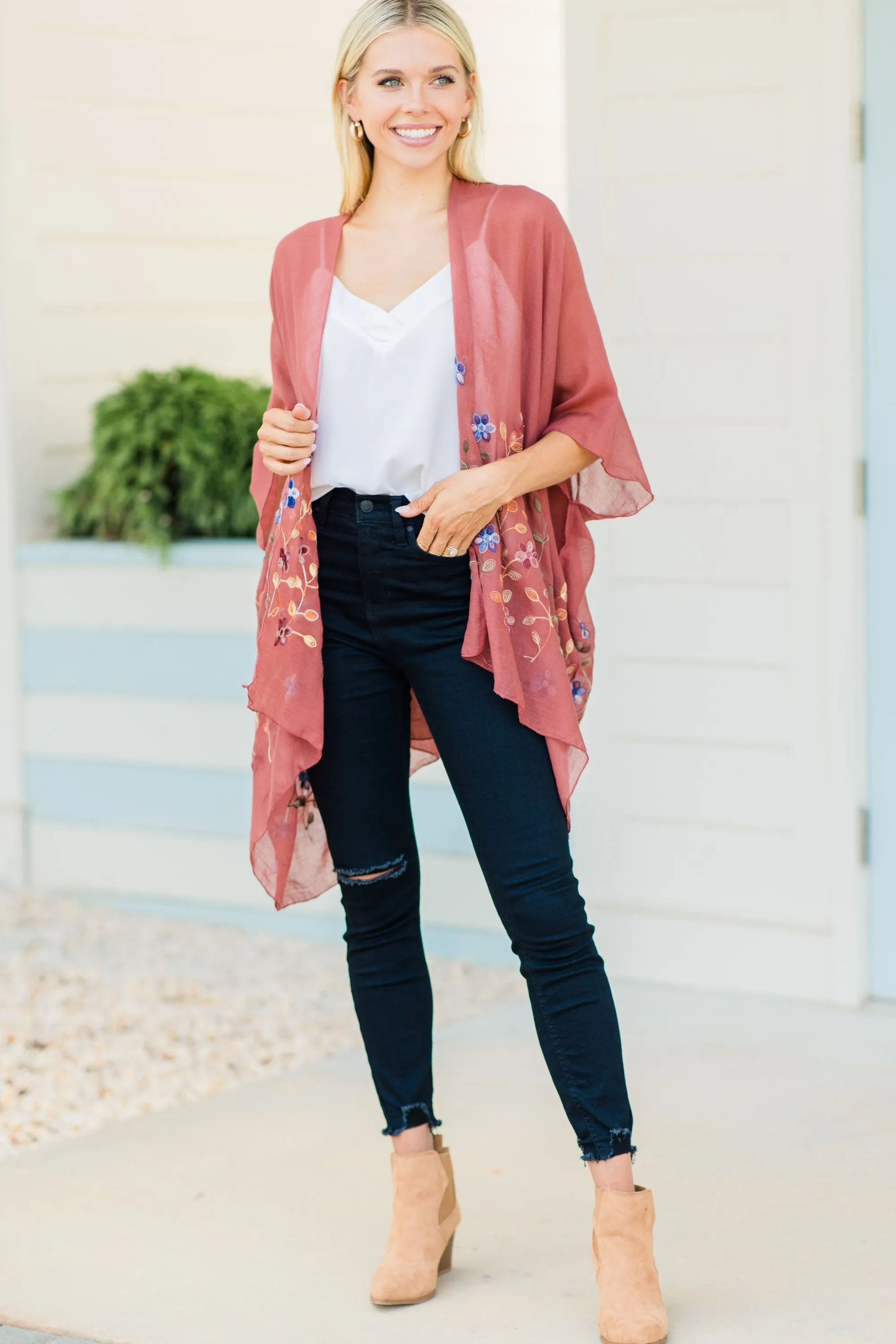 Get Inspired Copper Red Floral Embroidered Kimono