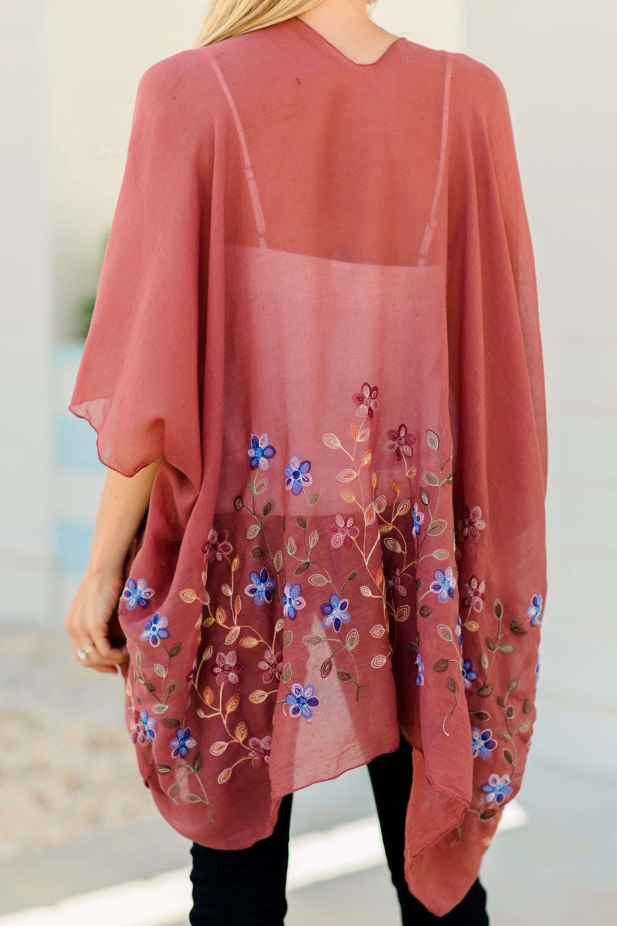 Get Inspired Copper Red Floral Embroidered Kimono