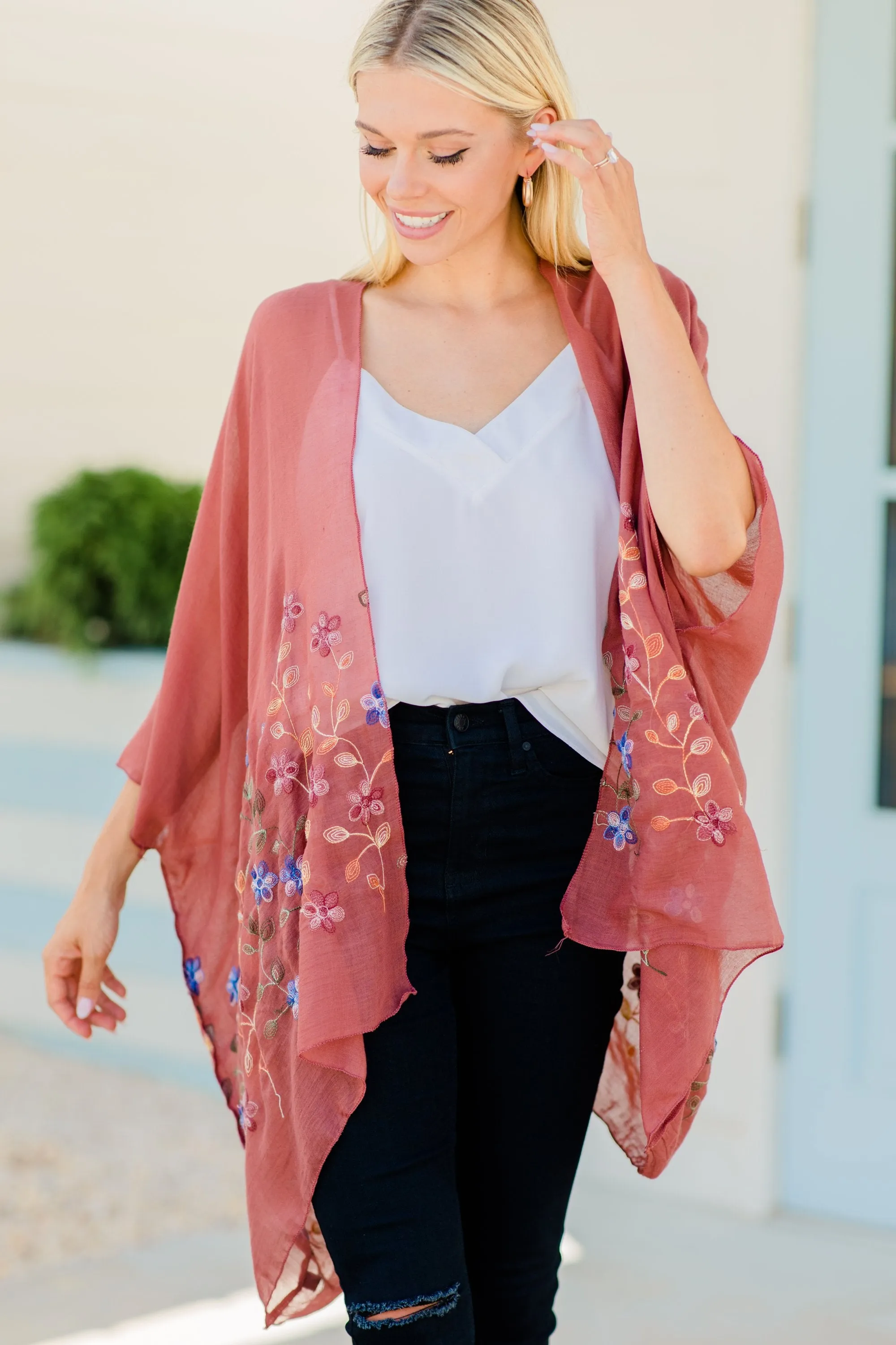 Get Inspired Copper Red Floral Embroidered Kimono