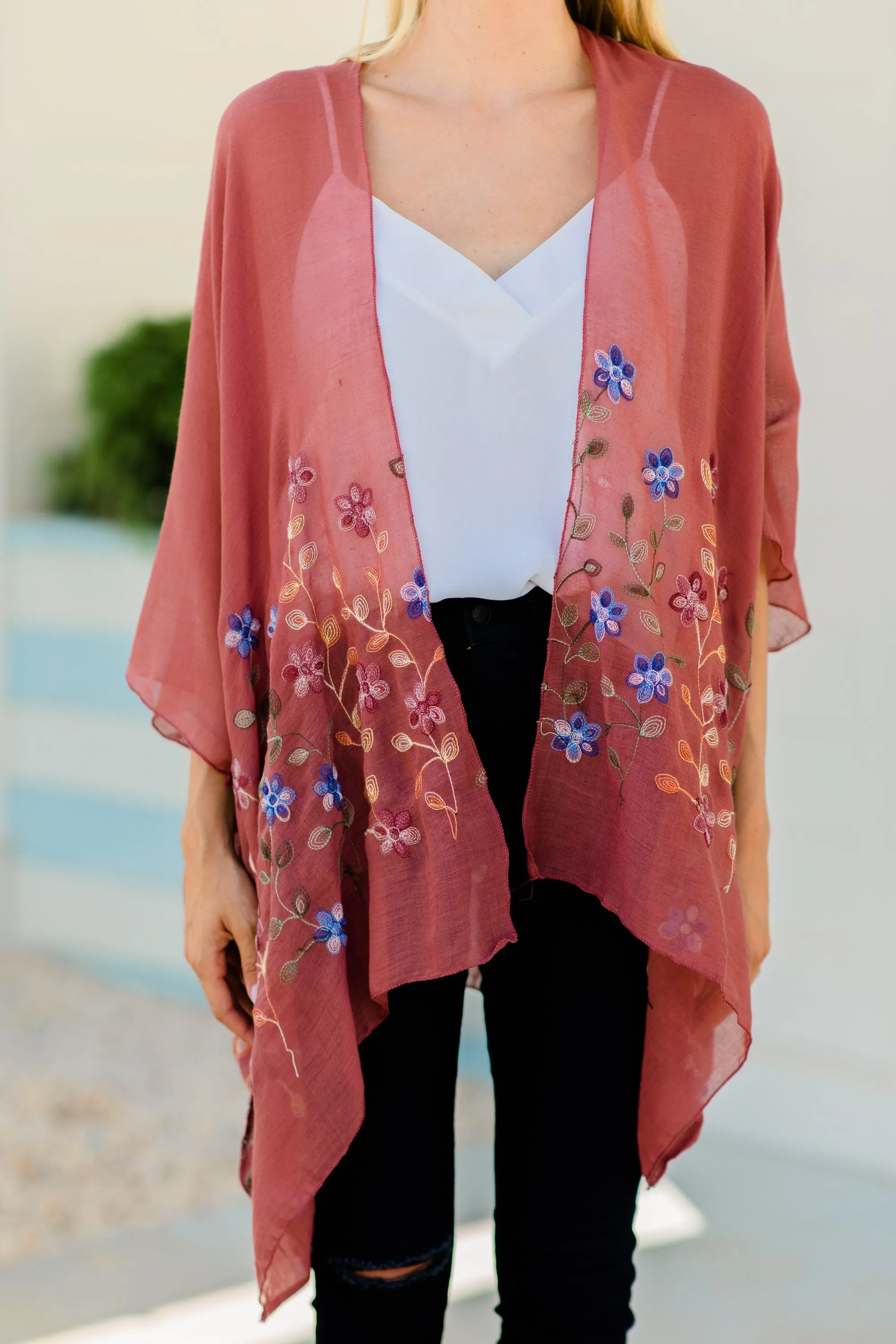 Get Inspired Copper Red Floral Embroidered Kimono