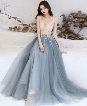 Gray Blue Tulle V Neck Sequin Long Prom Dress Blue Formal Evening Dress