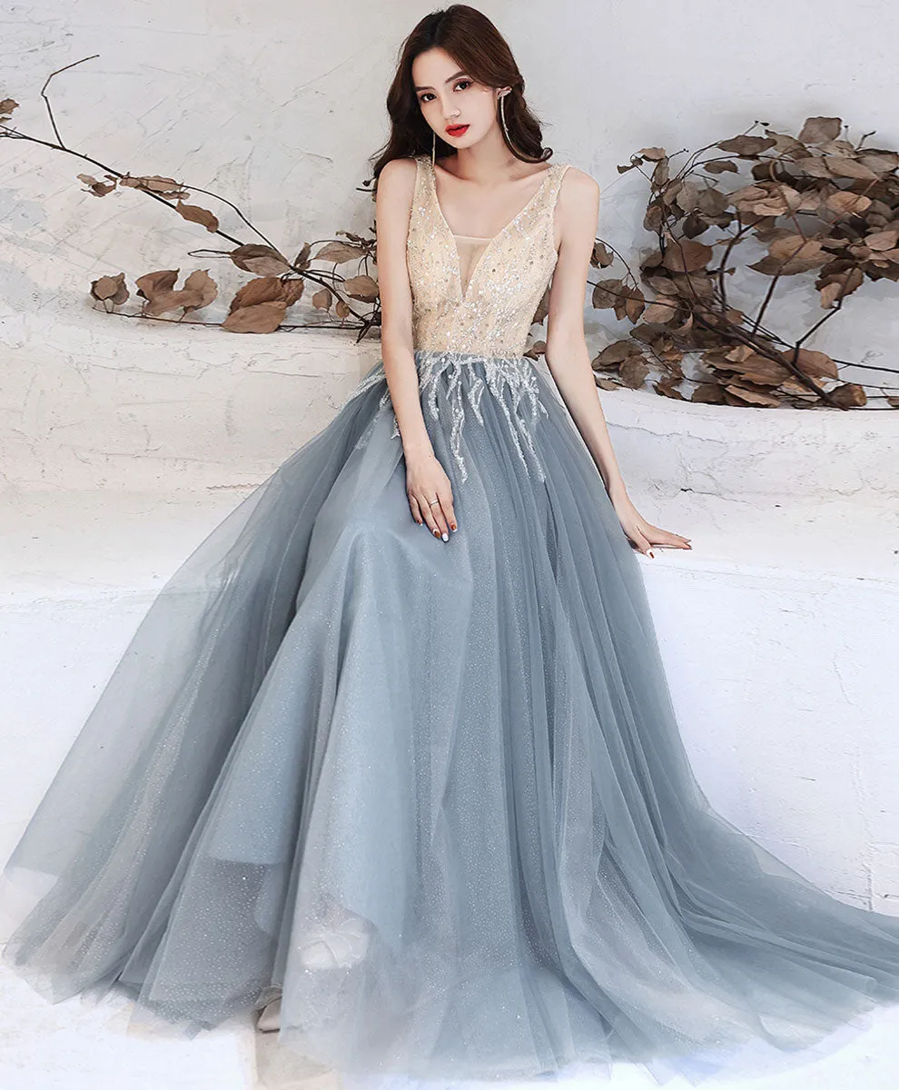 Gray Blue Tulle V Neck Sequin Long Prom Dress Blue Formal Evening Dress