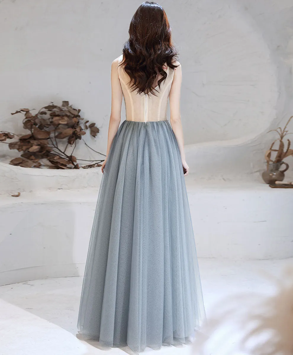 Gray Blue Tulle V Neck Sequin Long Prom Dress Blue Formal Evening Dress