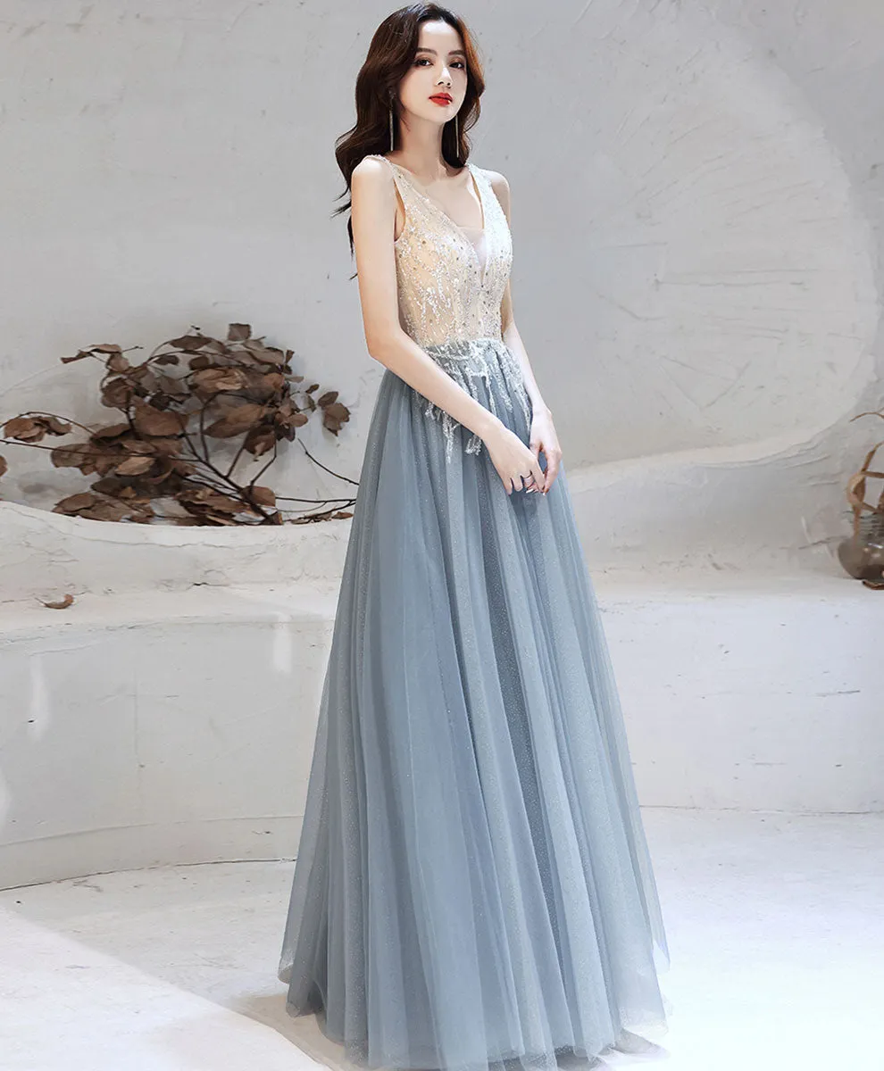 Gray Blue Tulle V Neck Sequin Long Prom Dress Blue Formal Evening Dress