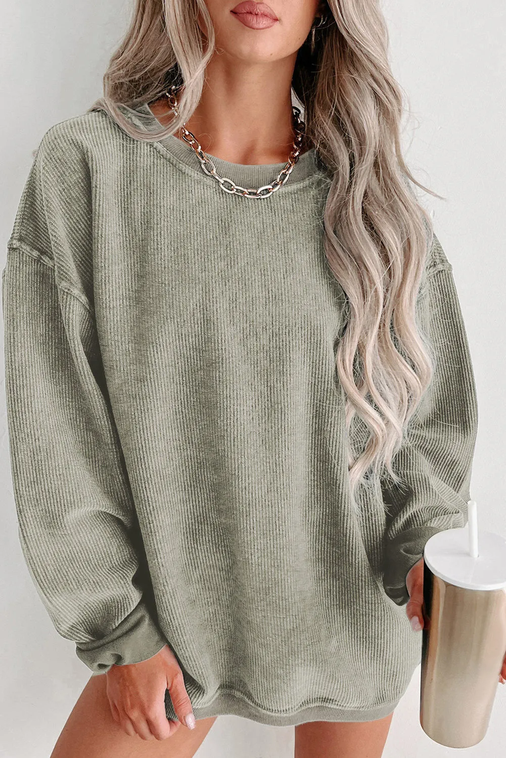 Green Gray Solid Ribbed Knit Round Neck Pullover Sweatshirt