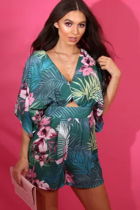 Green Tropical Kimono Sleeve Playsuit - Suzy