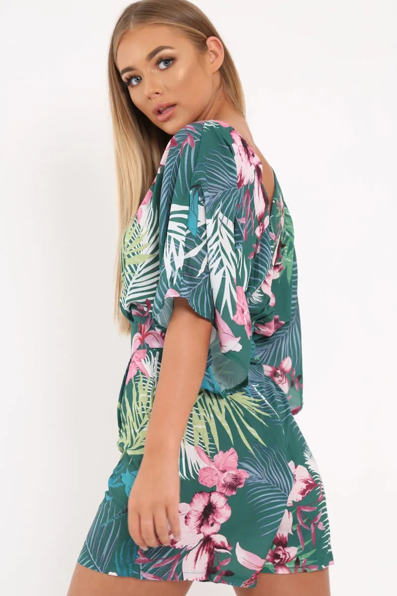Green Tropical Kimono Sleeve Playsuit - Suzy