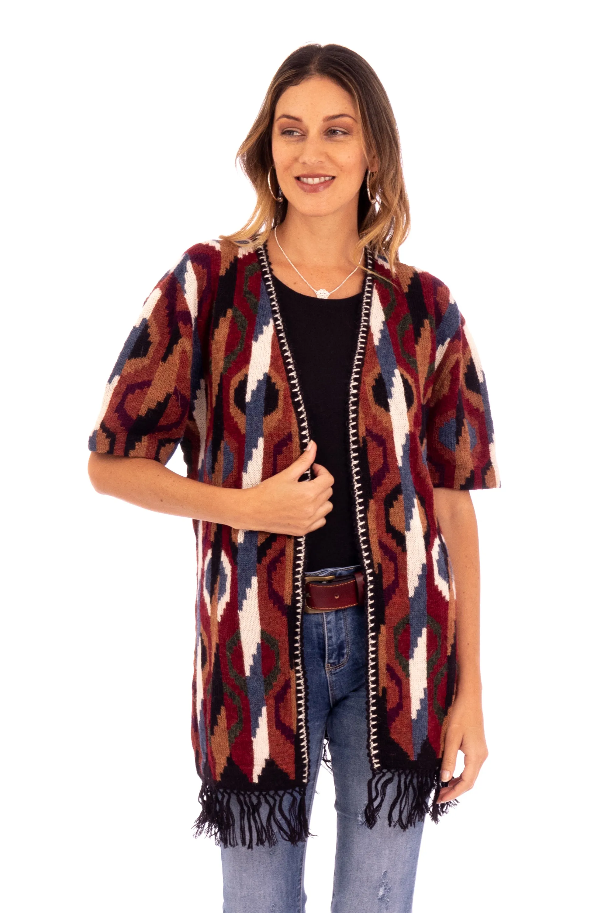 Inca-Inspired 100% Alpaca Cardigan Sweater in a Kimono Style - Ceremonial Icons | NOVICA
