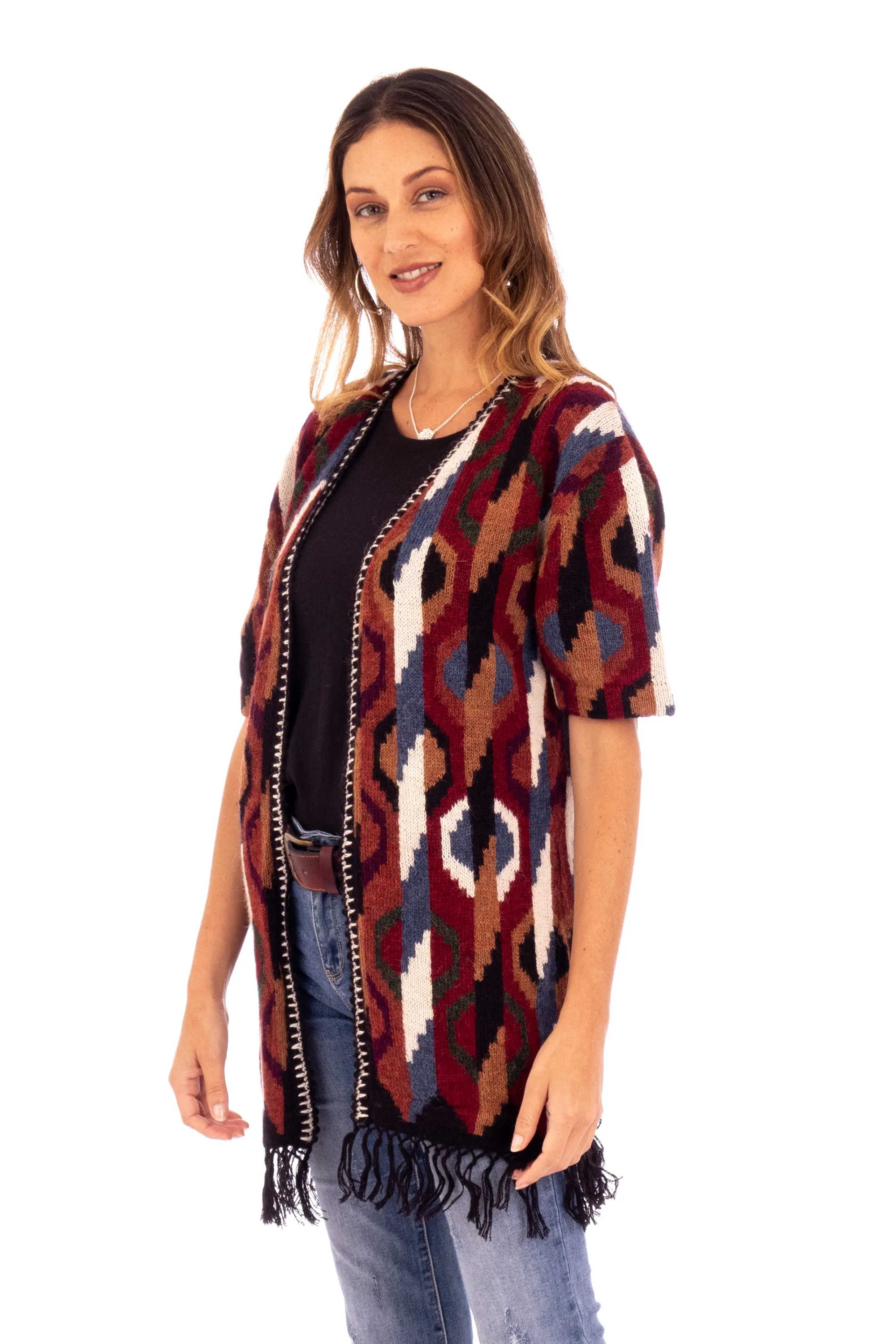 Inca-Inspired 100% Alpaca Cardigan Sweater in a Kimono Style - Ceremonial Icons | NOVICA
