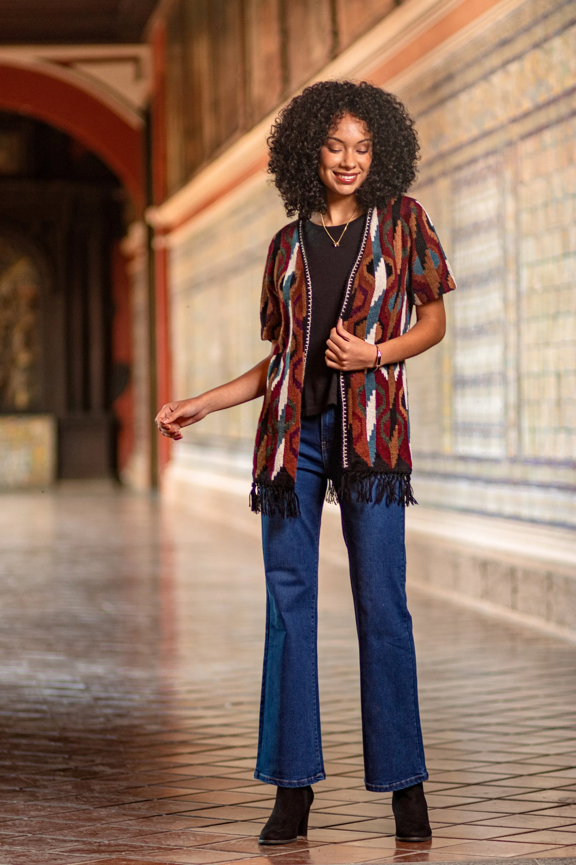 Inca-Inspired 100% Alpaca Cardigan Sweater in a Kimono Style - Ceremonial Icons | NOVICA