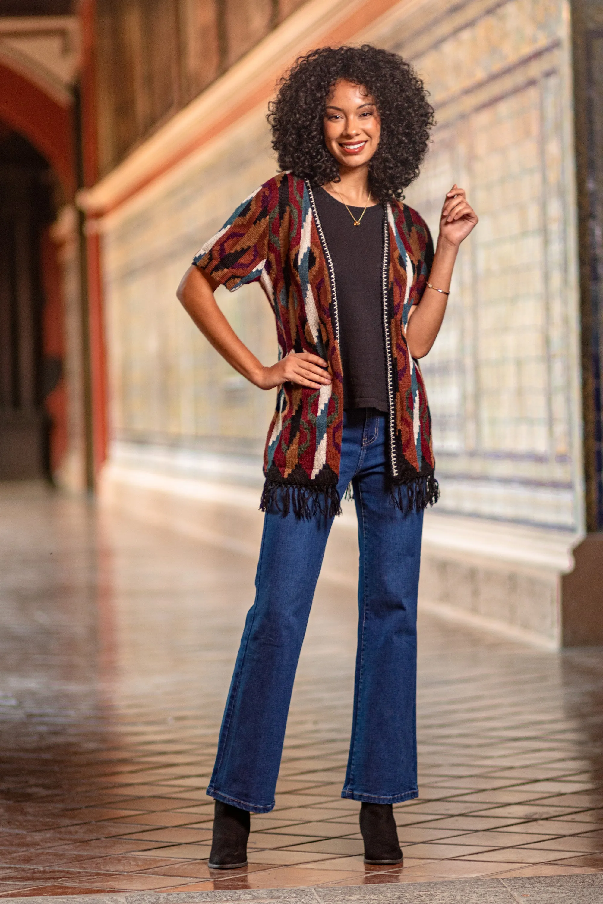 Inca-Inspired 100% Alpaca Cardigan Sweater in a Kimono Style - Ceremonial Icons | NOVICA