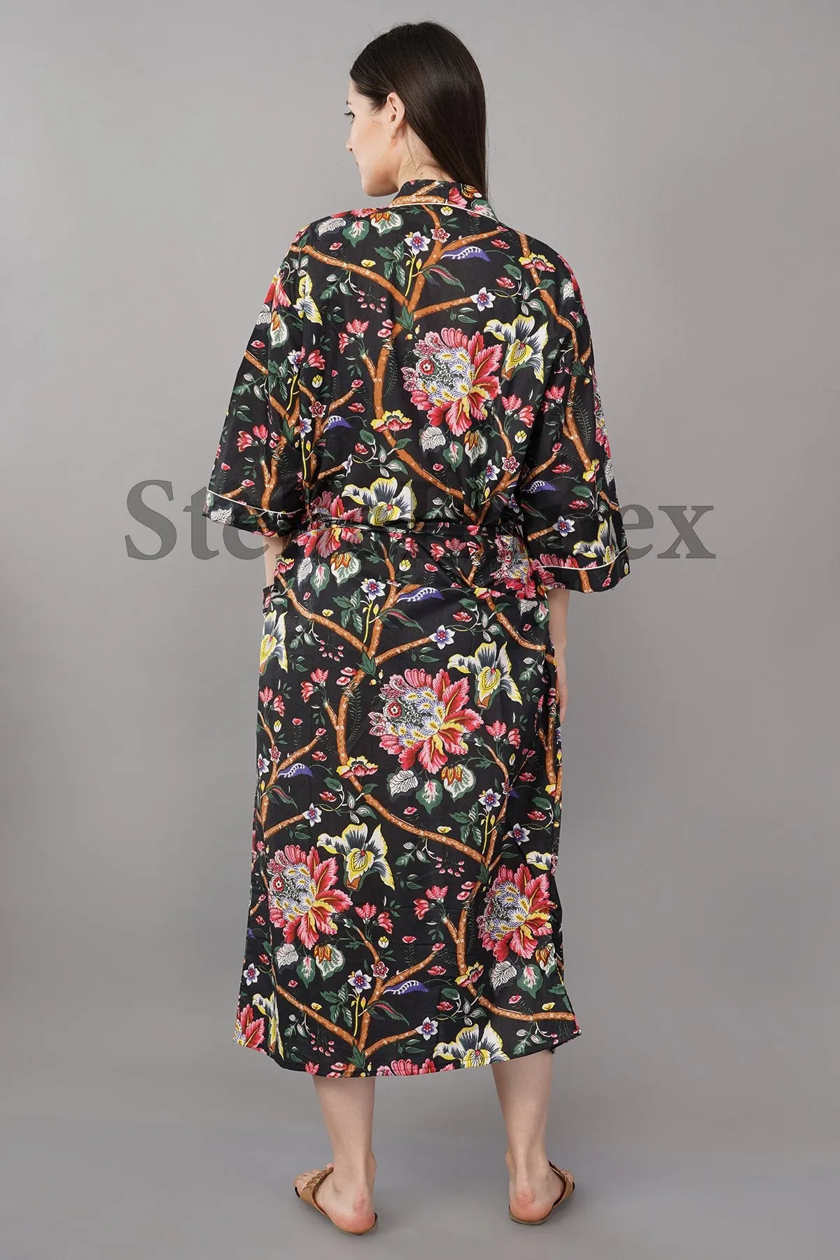 Indian Handmade Cotton Kimono Elegant Black Floral Bathrobe Resort Wear Beach Bikini Cover-ups Boho Kimono Bathrobe, Gift for Her