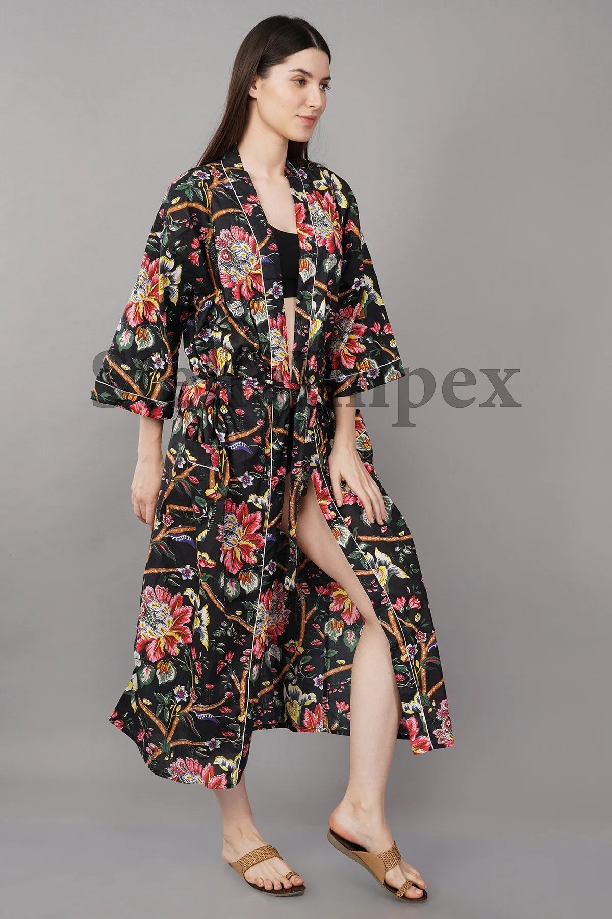 Indian Handmade Cotton Kimono Elegant Black Floral Bathrobe Resort Wear Beach Bikini Cover-ups Boho Kimono Bathrobe, Gift for Her