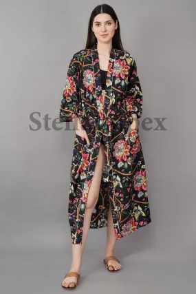 Indian Handmade Cotton Kimono Elegant Black Floral Bathrobe Resort Wear Beach Bikini Cover-ups Boho Kimono Bathrobe, Gift for Her