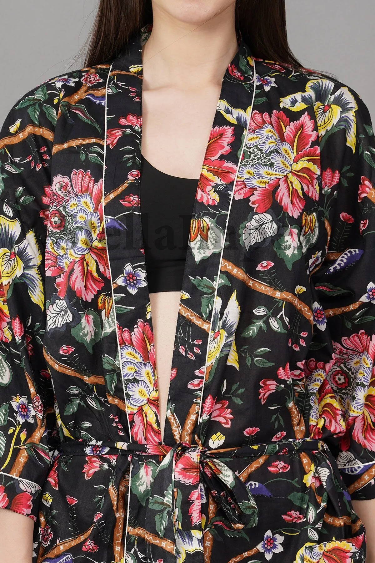 Indian Handmade Cotton Kimono Elegant Black Floral Bathrobe Resort Wear Beach Bikini Cover-ups Boho Kimono Bathrobe, Gift for Her