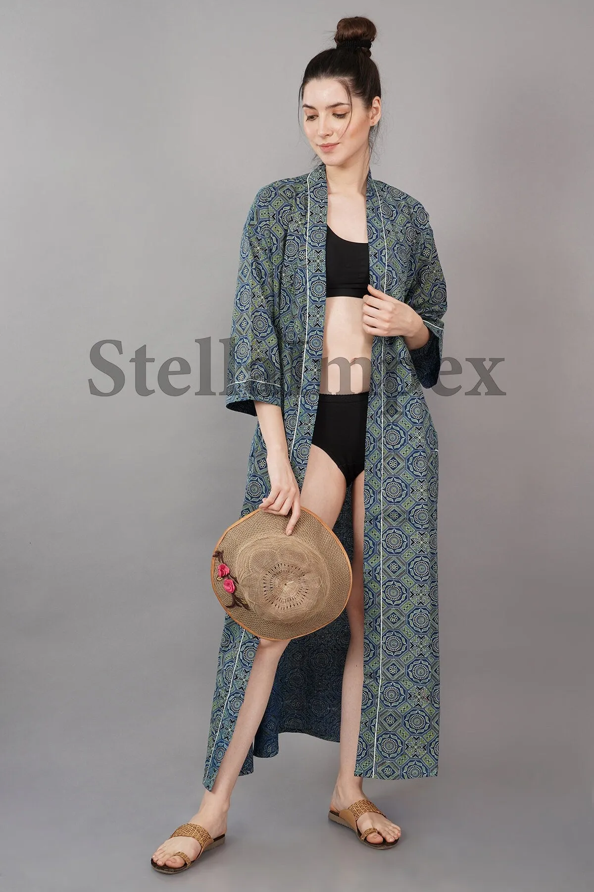 Indian Handmade Cotton Kimono Elegant Blue & Green Bathrobe Resort Wear Beach Bikini Cover-ups Boho Kimono Bathrobe, Gift for Her