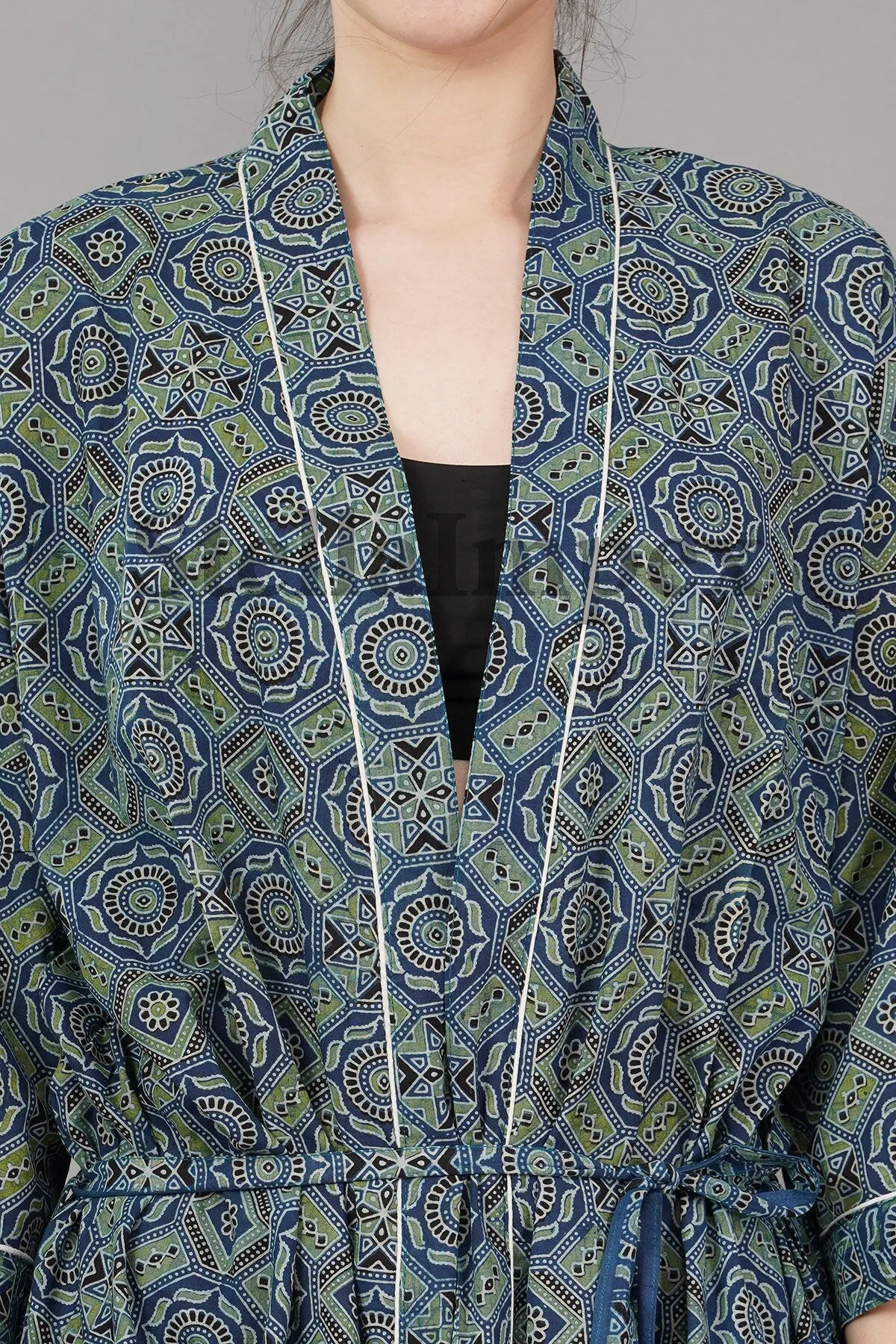 Indian Handmade Cotton Kimono Elegant Blue & Green Bathrobe Resort Wear Beach Bikini Cover-ups Boho Kimono Bathrobe, Gift for Her