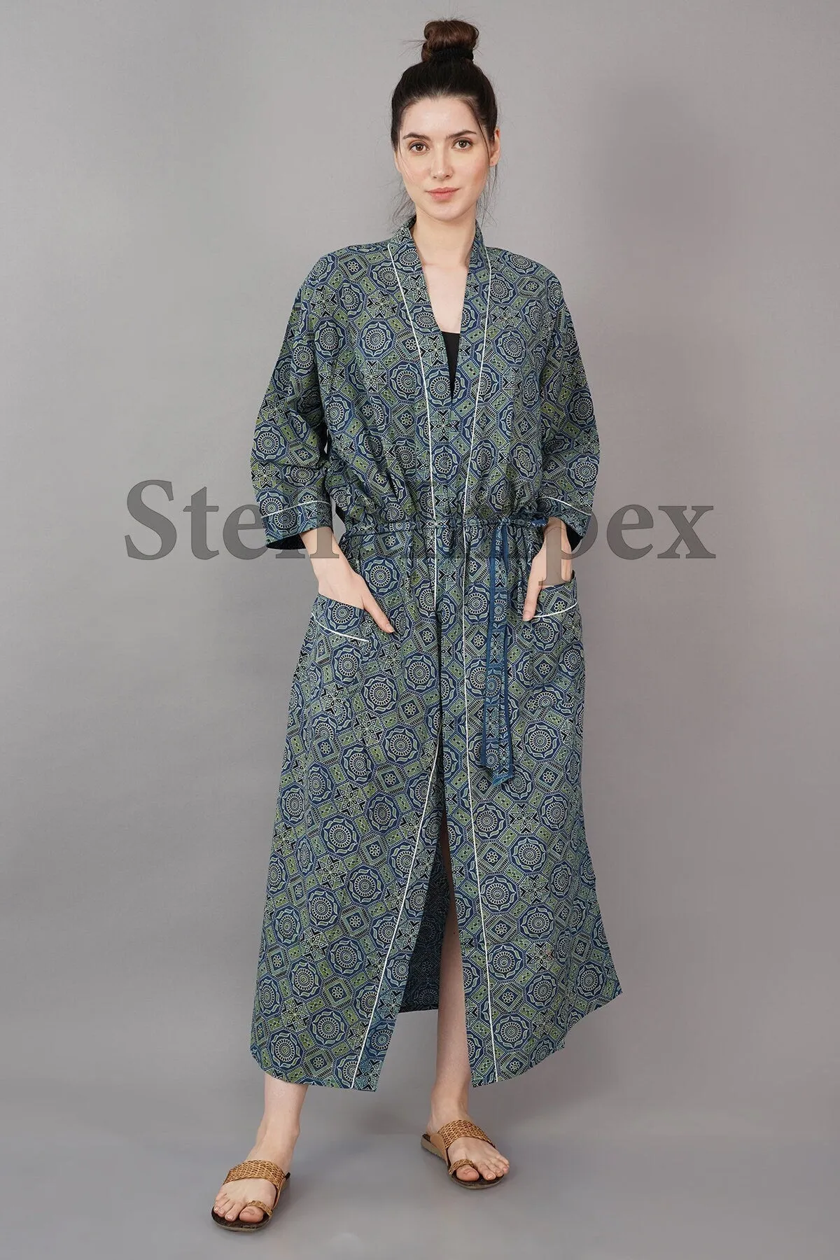 Indian Handmade Cotton Kimono Elegant Blue & Green Bathrobe Resort Wear Beach Bikini Cover-ups Boho Kimono Bathrobe, Gift for Her
