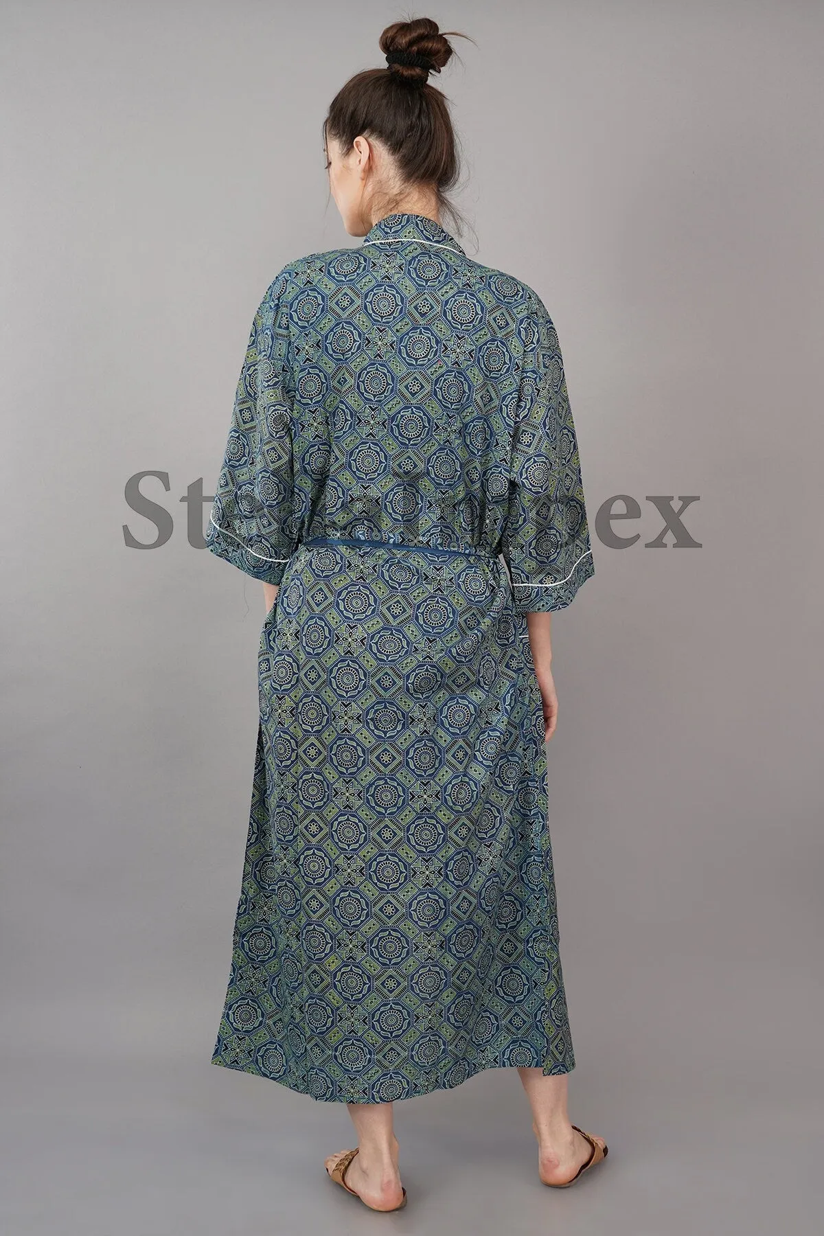 Indian Handmade Cotton Kimono Elegant Blue & Green Bathrobe Resort Wear Beach Bikini Cover-ups Boho Kimono Bathrobe, Gift for Her