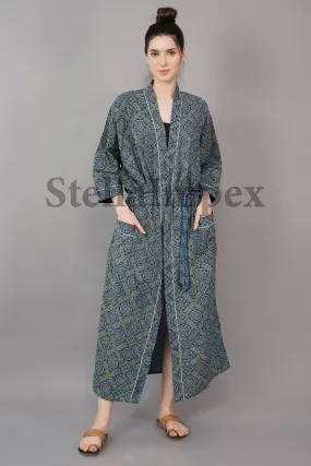 Indian Handmade Cotton Kimono Elegant Blue & Green Bathrobe Resort Wear Beach Bikini Cover-ups Boho Kimono Bathrobe, Gift for Her