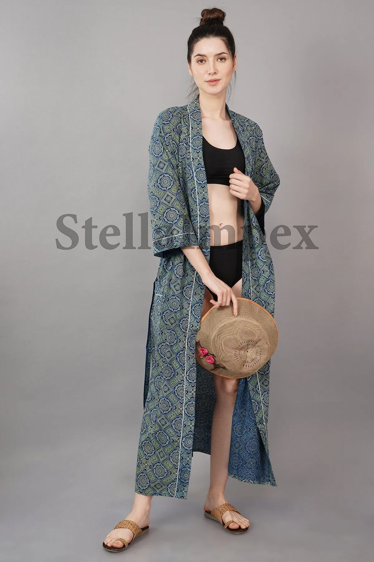 Indian Handmade Cotton Kimono Elegant Blue & Green Bathrobe Resort Wear Beach Bikini Cover-ups Boho Kimono Bathrobe, Gift for Her