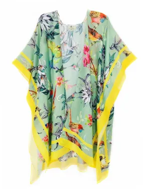 JC062660 Green-Multi Bird Floral Green Border Accent Kimono