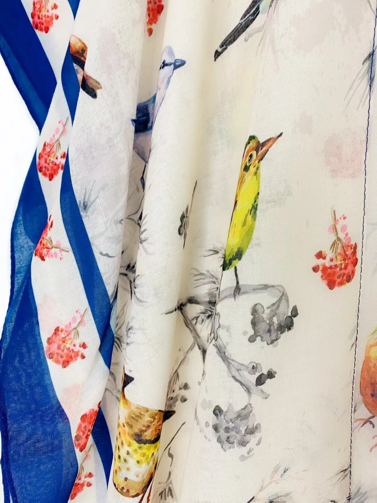 JC062674 Beige-Multi Bird with Navy Border Accent Kimono