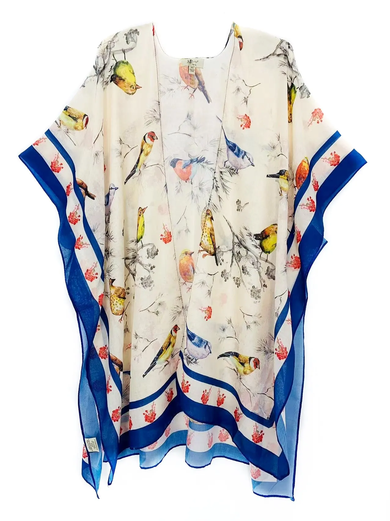 JC062674 Beige-Multi Bird with Navy Border Accent Kimono