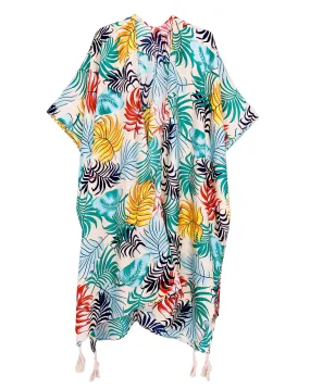 JC083359 Green & Gold Tassel-Accent Tropical Kimono