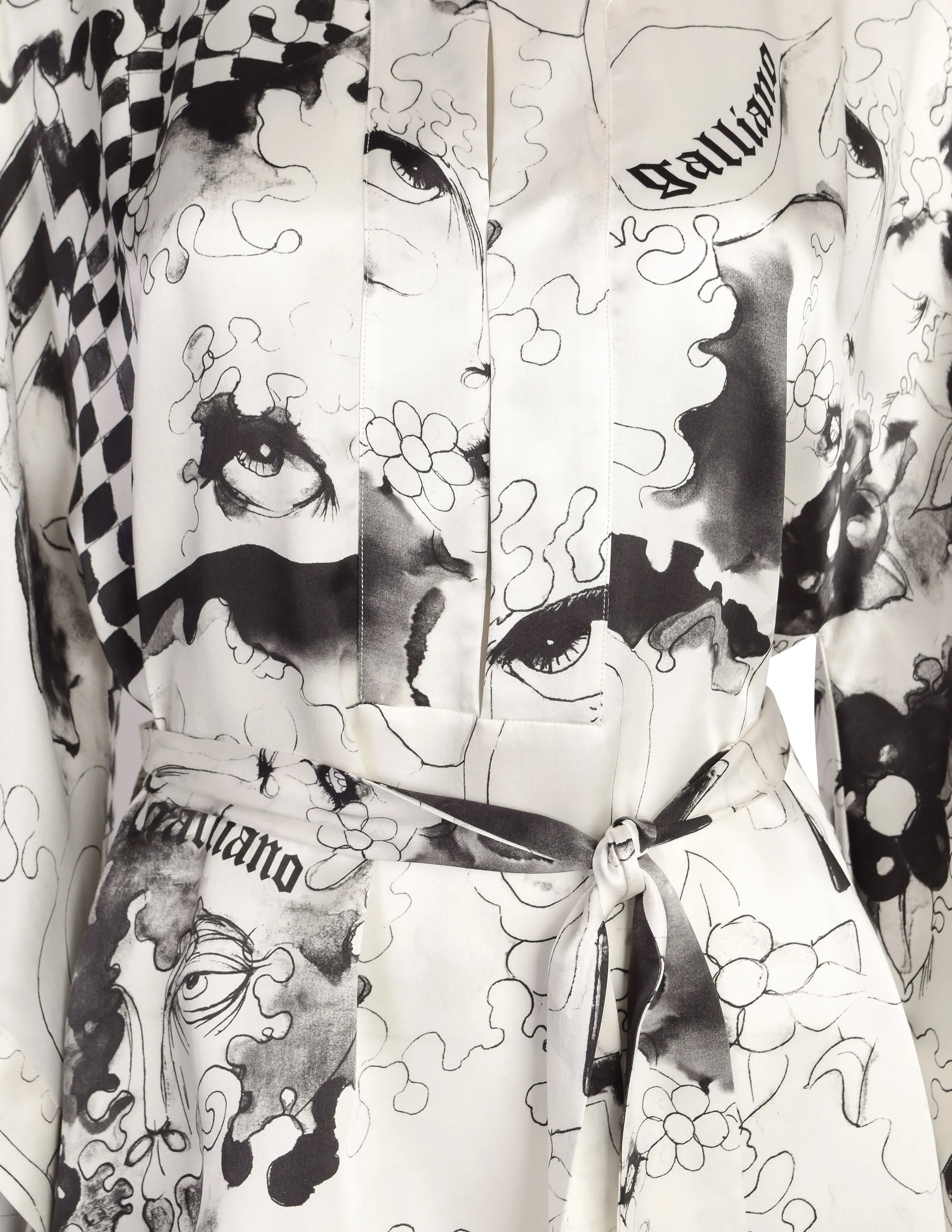 John Galliano Vintage White Black Grey Face Eye Painterly Art Print Silk Top