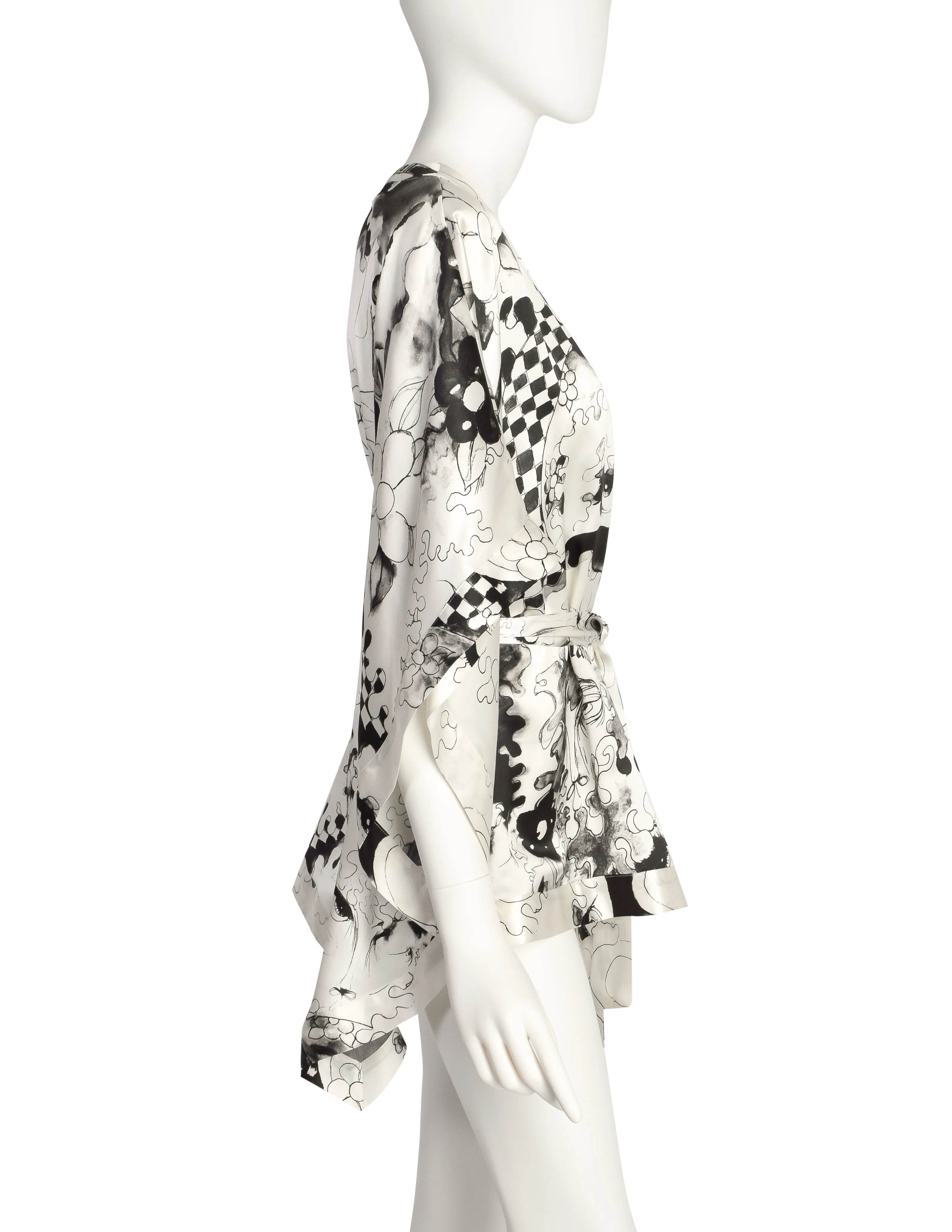 John Galliano Vintage White Black Grey Face Eye Painterly Art Print Silk Top