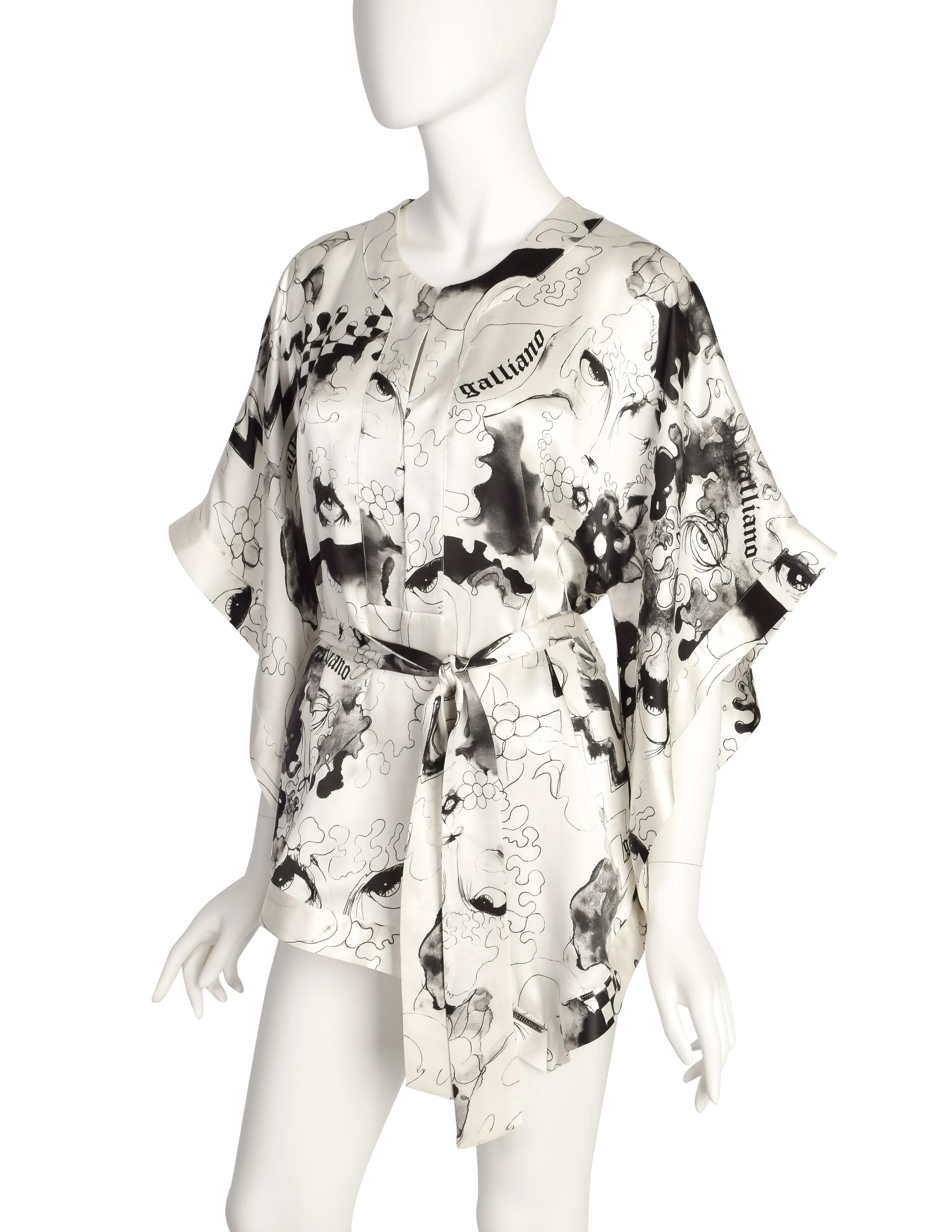 John Galliano Vintage White Black Grey Face Eye Painterly Art Print Silk Top