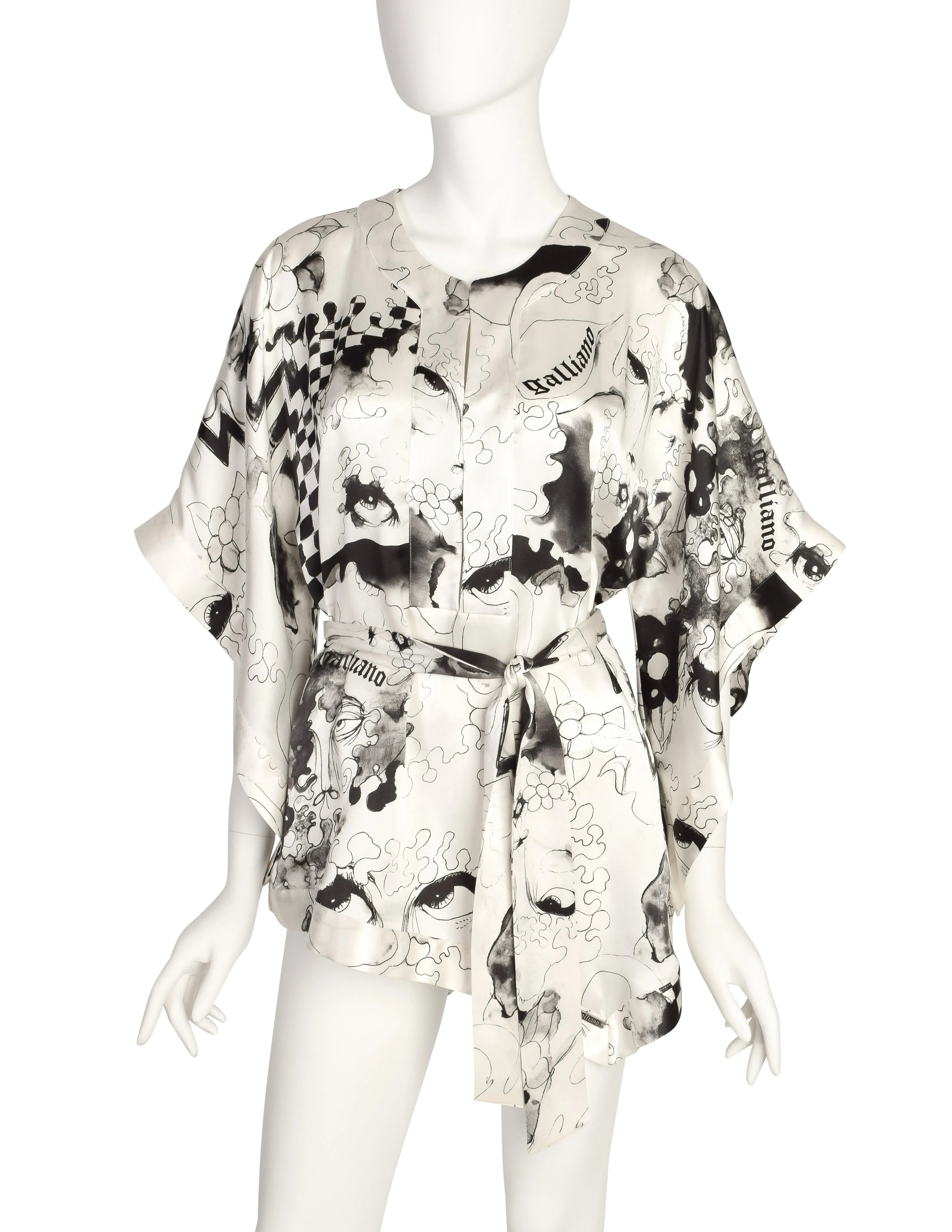 John Galliano Vintage White Black Grey Face Eye Painterly Art Print Silk Top