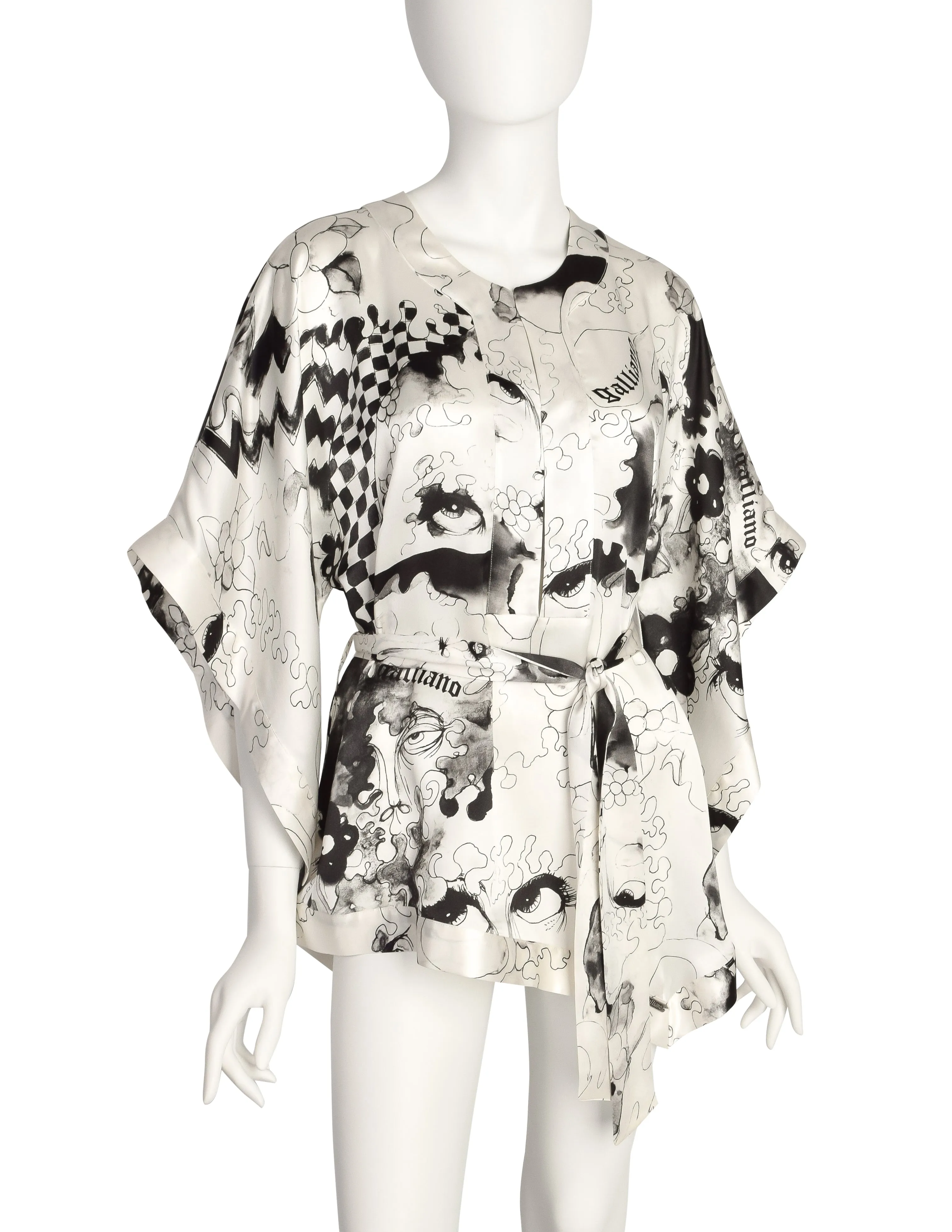 John Galliano Vintage White Black Grey Face Eye Painterly Art Print Silk Top