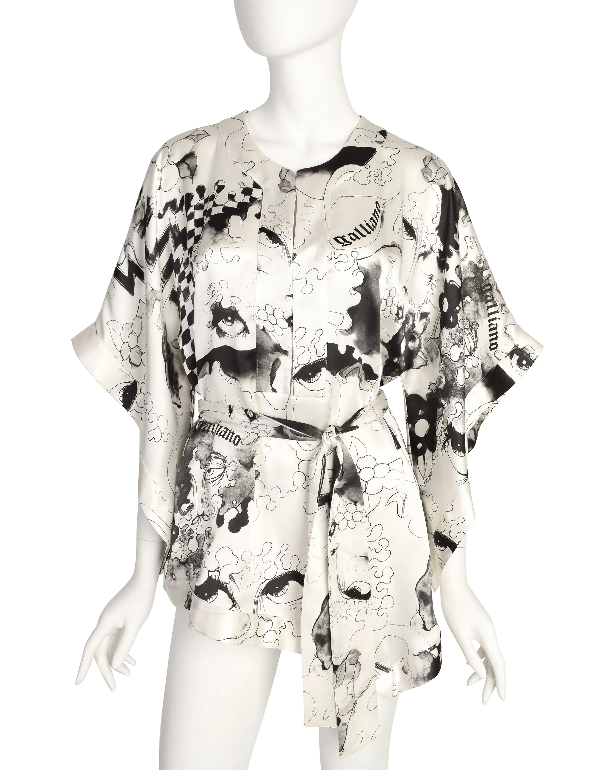 John Galliano Vintage White Black Grey Face Eye Painterly Art Print Silk Top