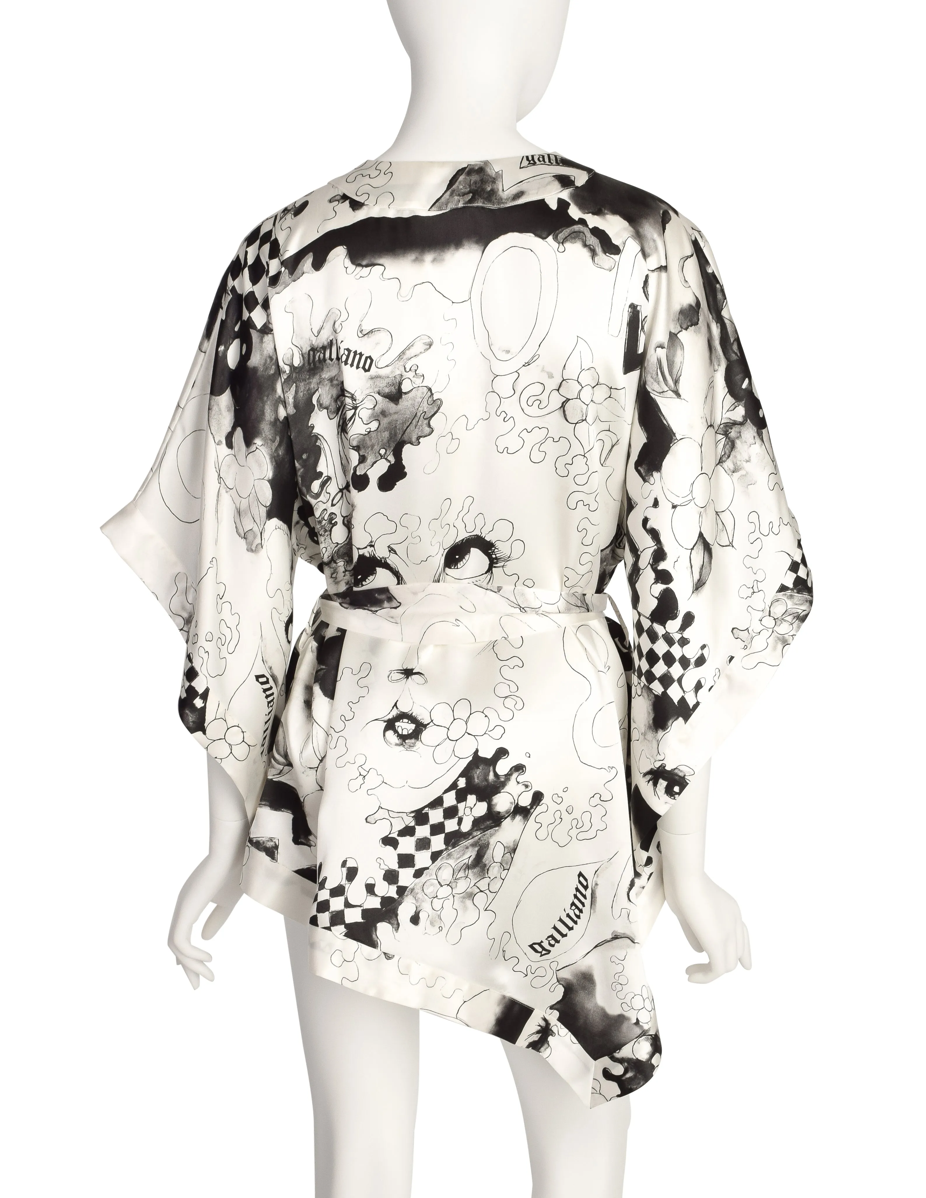 John Galliano Vintage White Black Grey Face Eye Painterly Art Print Silk Top