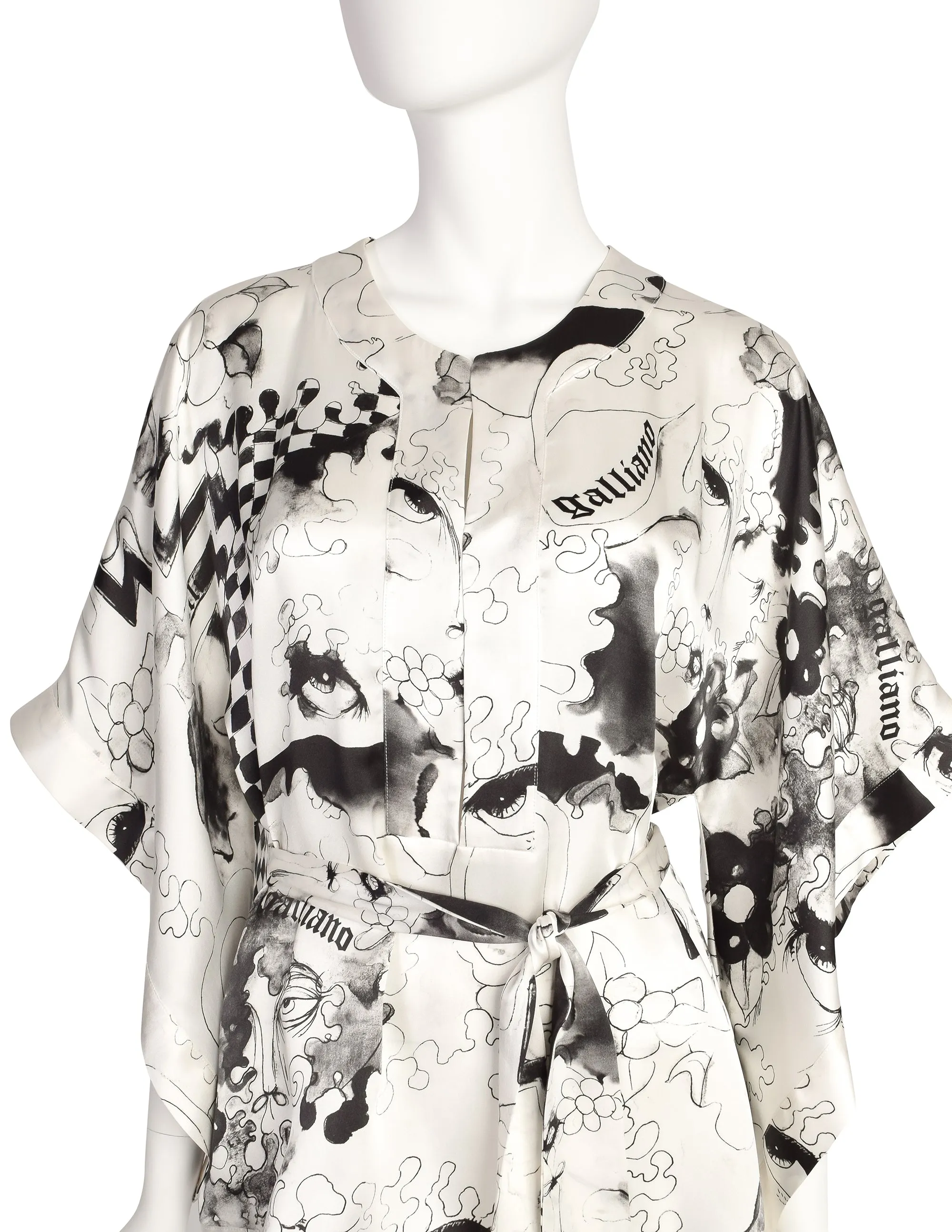 John Galliano Vintage White Black Grey Face Eye Painterly Art Print Silk Top