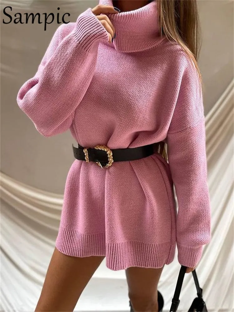 Joskaa Christmas Gift Sampic Turtleneck Oversized Sweater Tops Women Clothing Knitted Winter Long Sleeve 2024 Green Club Sexy Party Sweater Dress