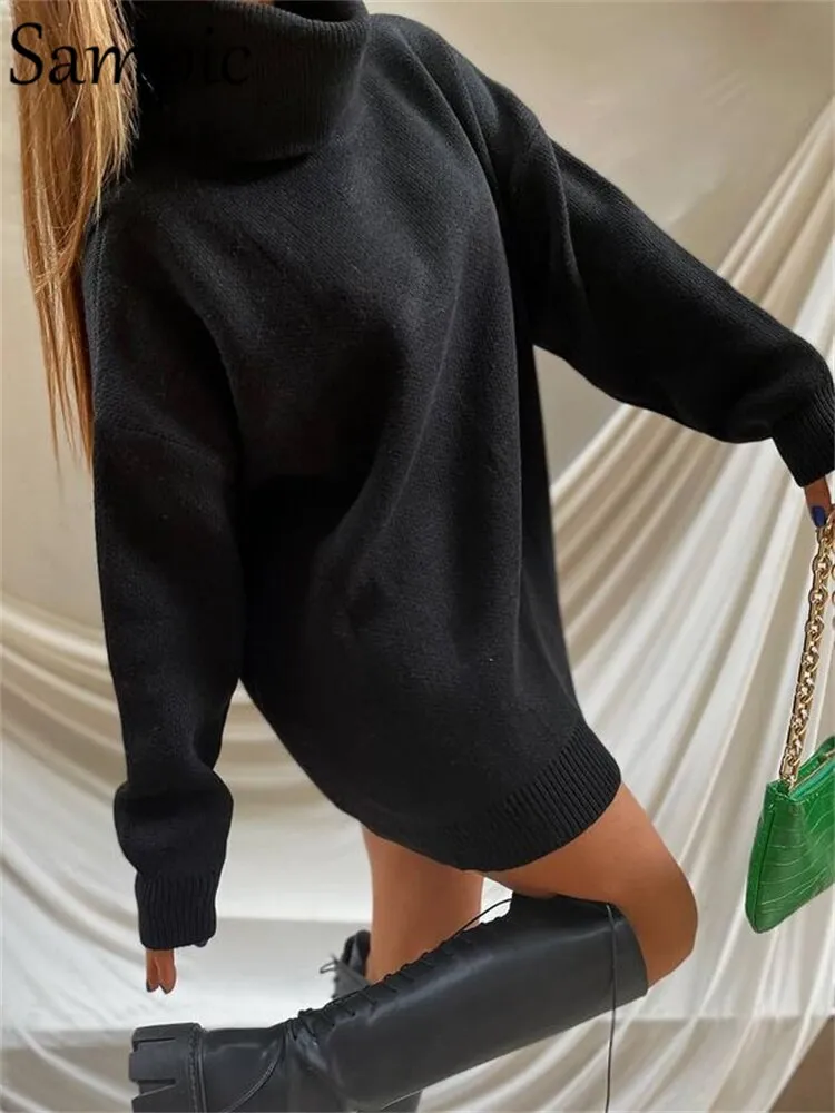 Joskaa Christmas Gift Sampic Turtleneck Oversized Sweater Tops Women Clothing Knitted Winter Long Sleeve 2024 Green Club Sexy Party Sweater Dress