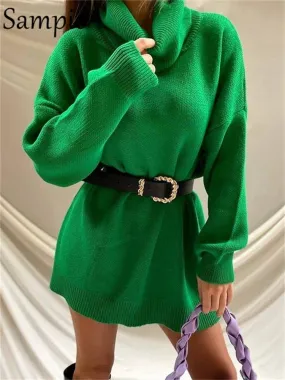 Joskaa Christmas Gift Sampic Turtleneck Oversized Sweater Tops Women Clothing Knitted Winter Long Sleeve 2024 Green Club Sexy Party Sweater Dress