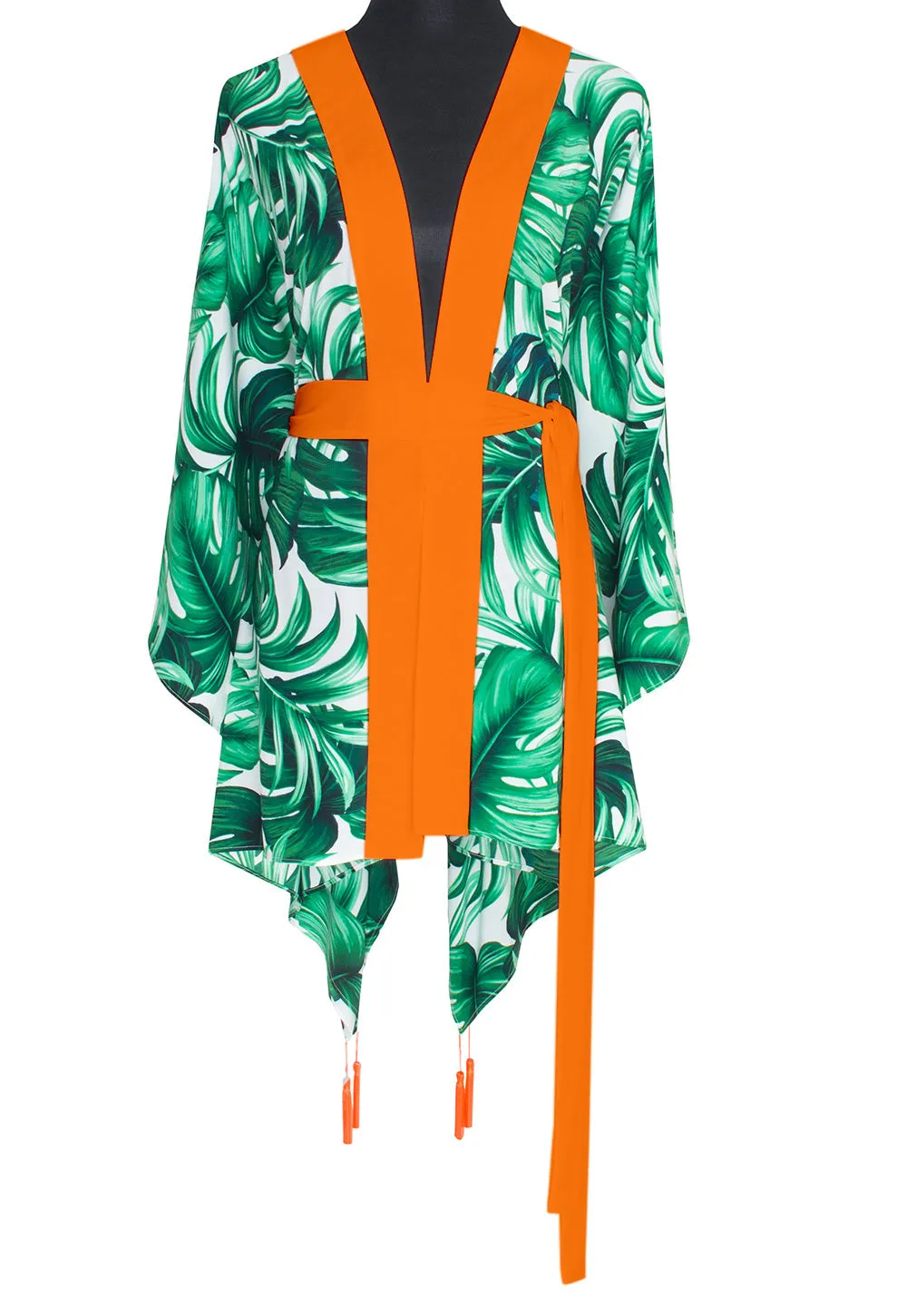 Jungle - Monstera White / Green Kimono (Neon Orange)