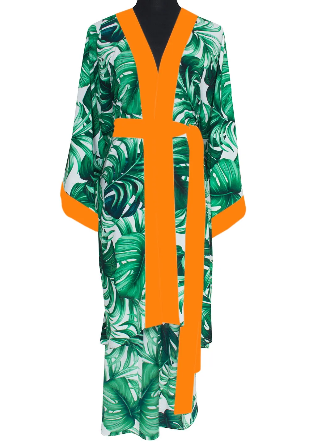 Jungle - Monstera White / Green Kimono (Neon Orange)