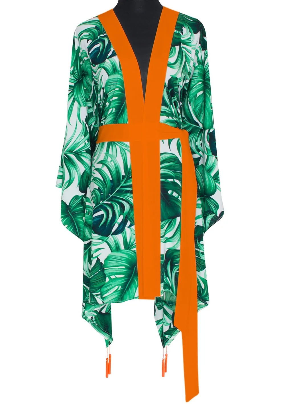 Jungle - Monstera White / Green Kimono (Neon Orange)