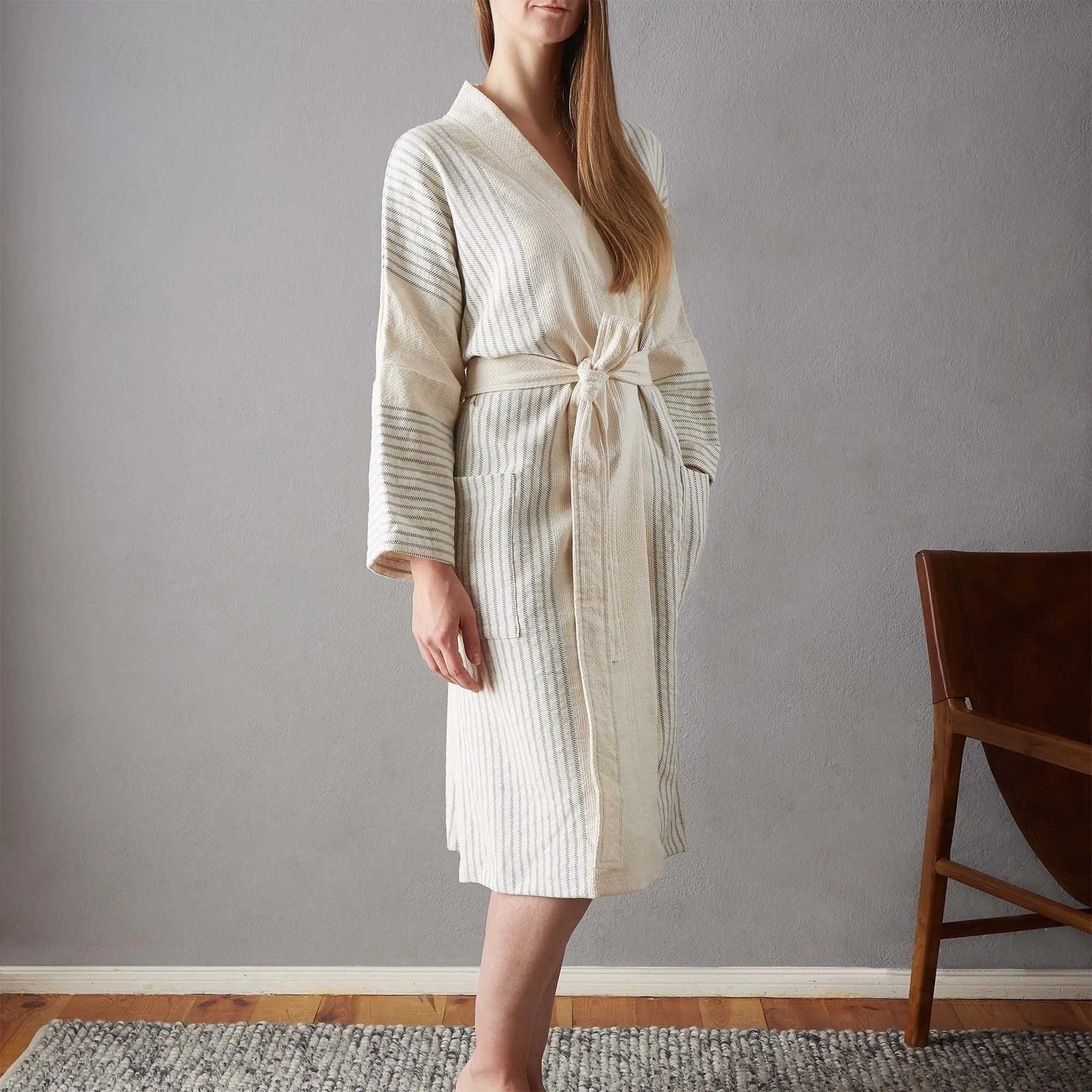 Kadan european linen Bathrobe [Cream/Grey green]