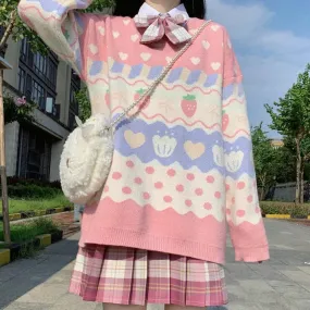 Kawaii Strawberry Pup Cakes Sweater