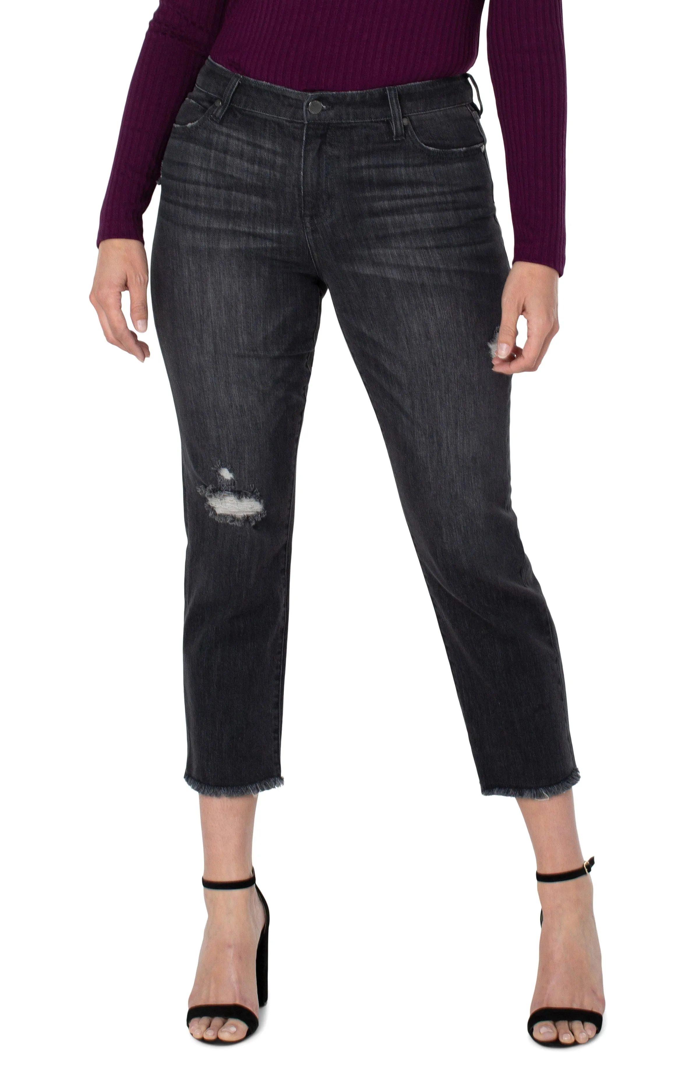 Kennedy Crop Straight Denim Frayed Hem Jeans w/Distress