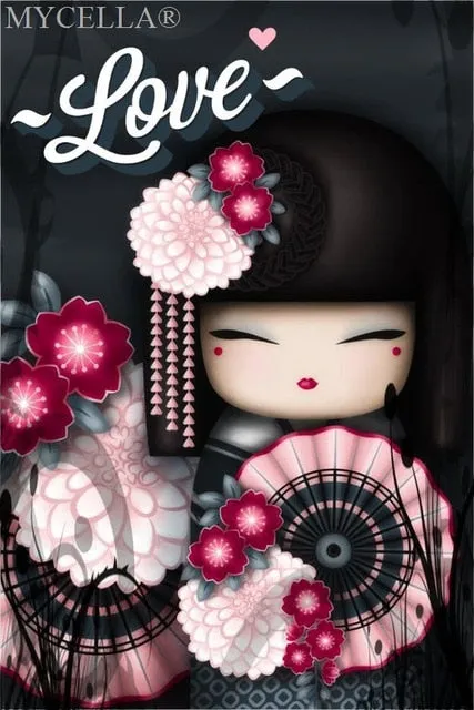Kimono Dolls,  Diamond Painting Kit, Mosaic Cartoon Full Rhinestone Embroidery Needlework