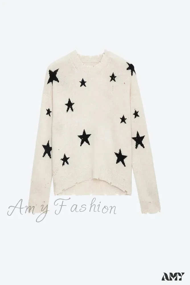 Knit Star Pattern Ripped Loose Round Neck Long Sleeve Casual Sweater