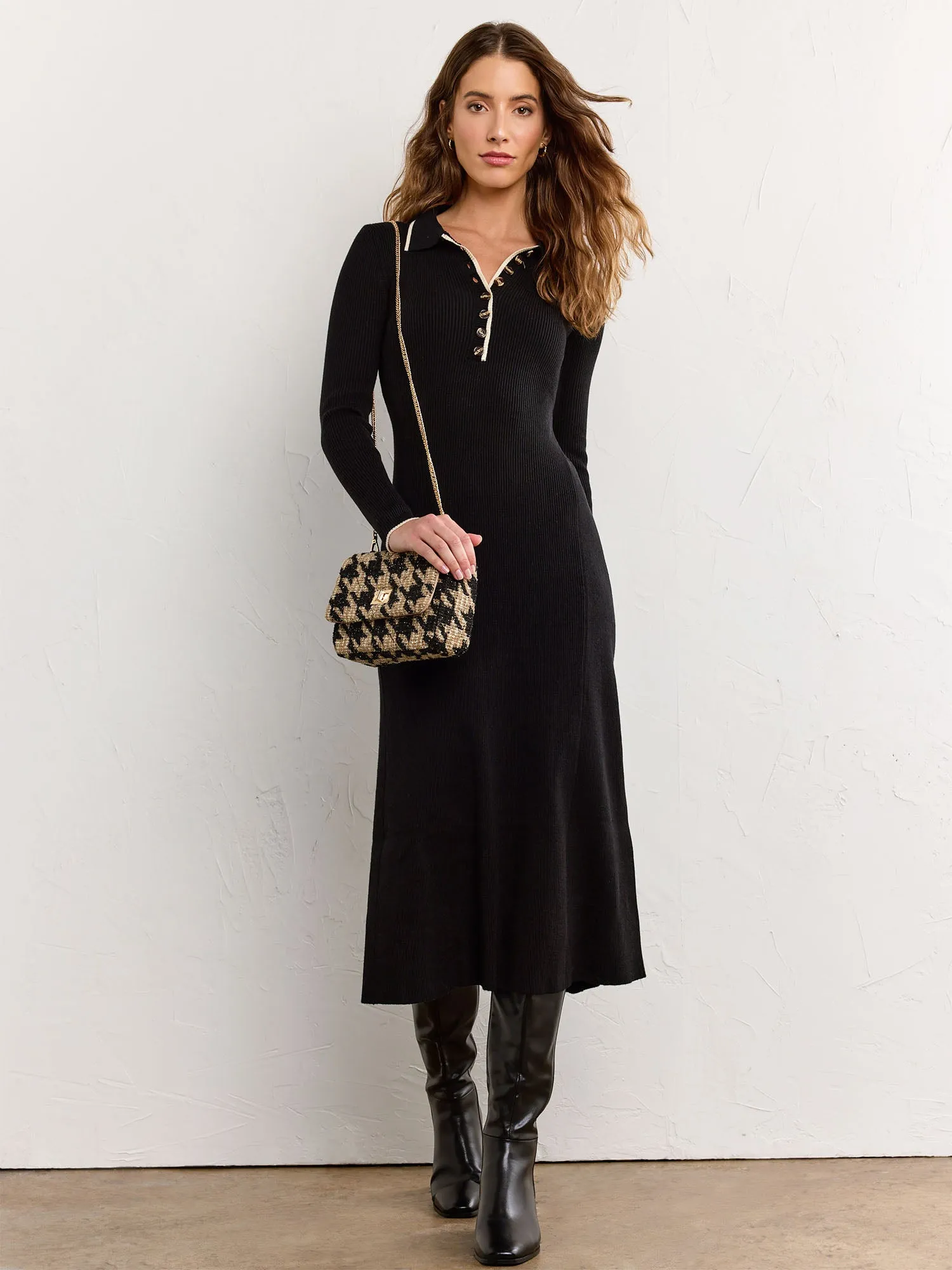 Long-Sleeve Collared Rib Knit Dress - Aaron & Amber