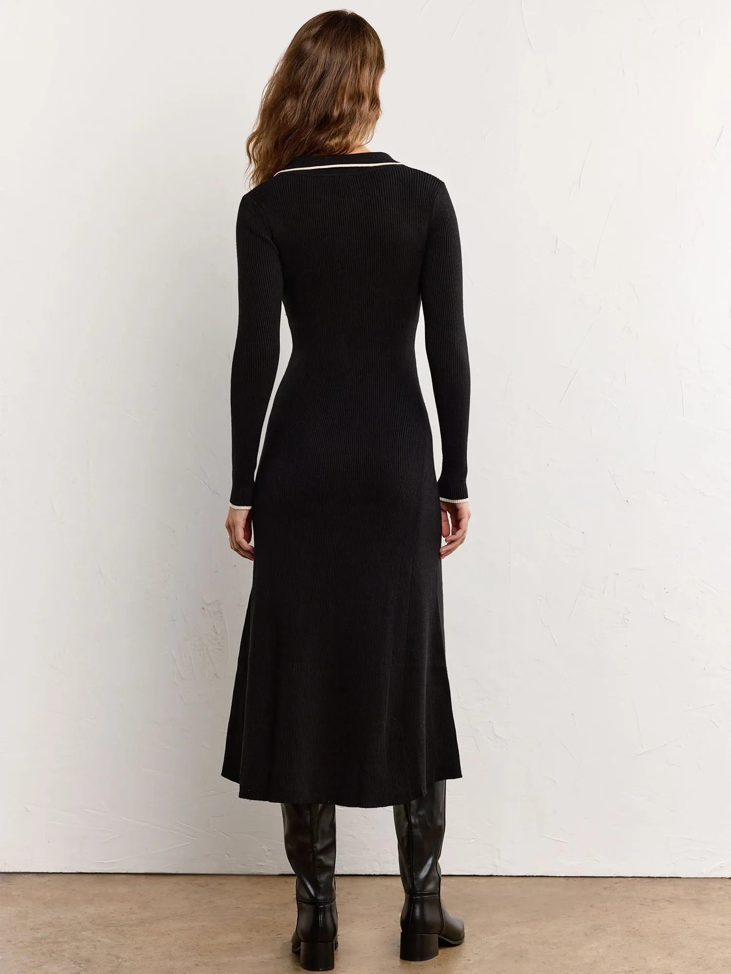Long-Sleeve Collared Rib Knit Dress - Aaron & Amber
